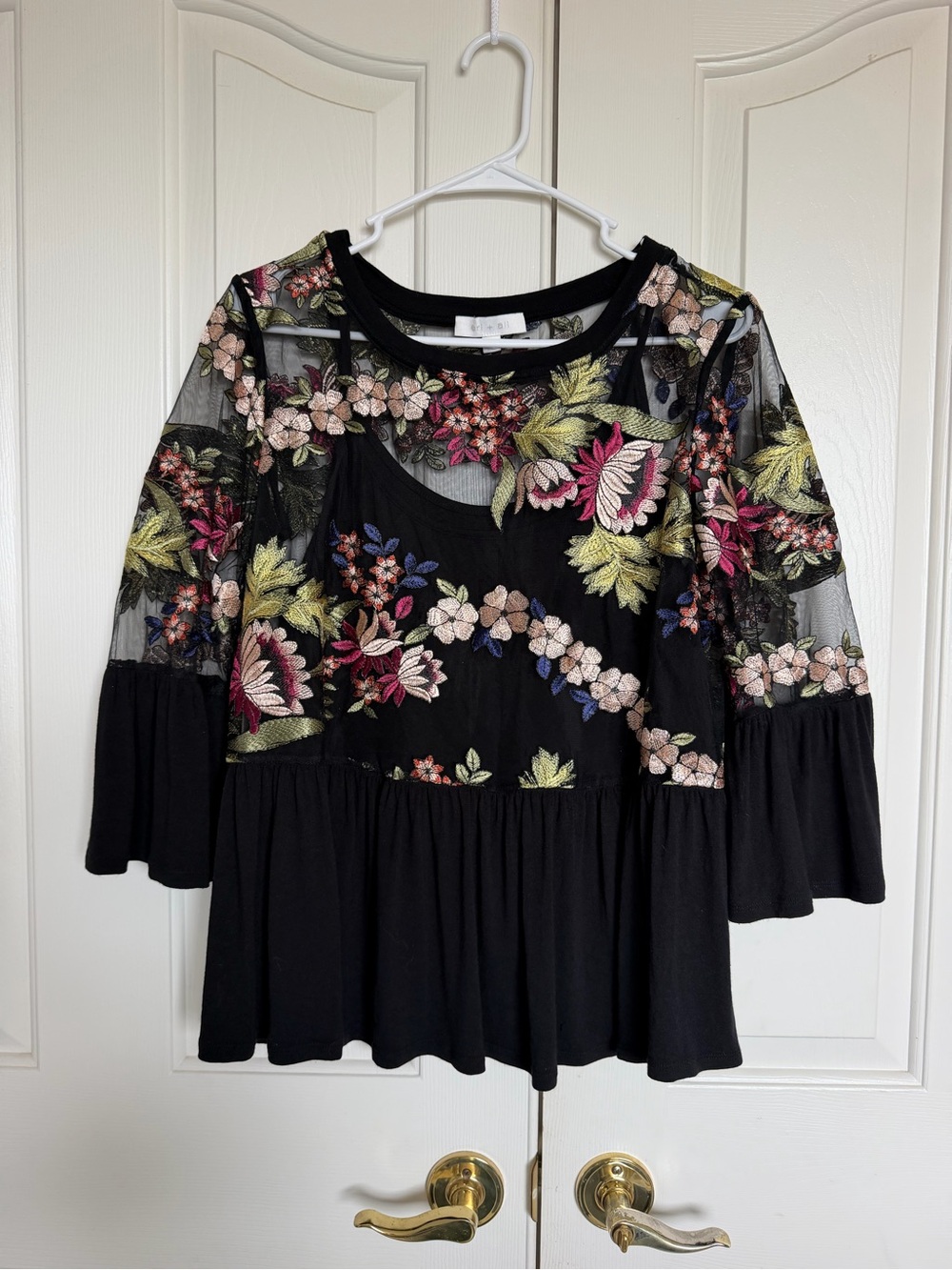 ANTHROPOLOGIE Embroidered Black Mesh Peasant Blouse with Floral Detail